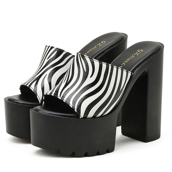 

sandals peep toe mules shoes women high heel luxury leopard platform chunky zebra print night club great quality, Black