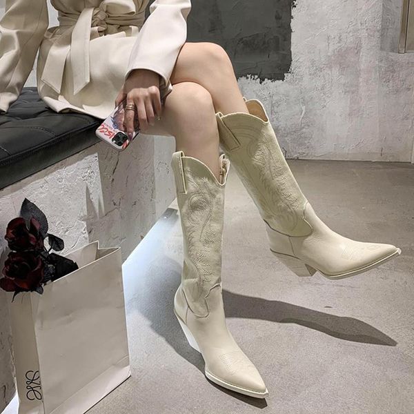 

boots 2021 ins winter women beige high heels wedges long vintage embroidered knee thigh designer riding cowboy, Black