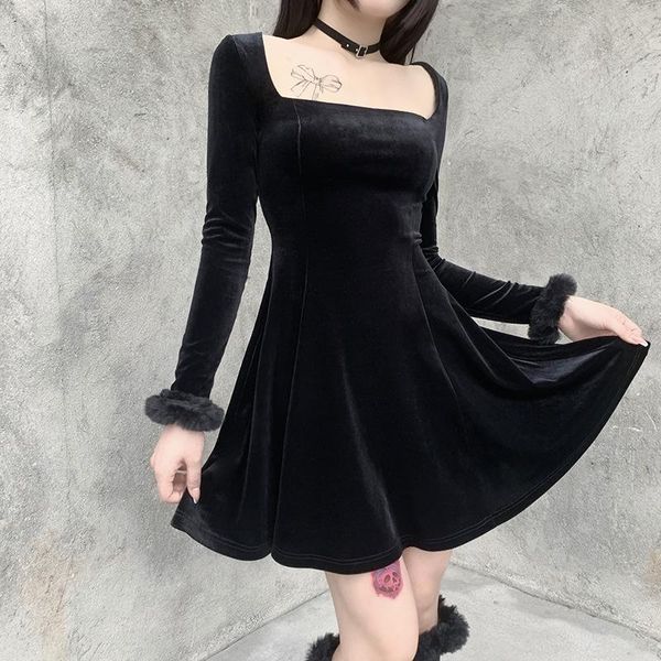 

casual dresses mall goth black dress vintage aesthetic high waist mini with long socks women sleeve christmas party, Black;gray