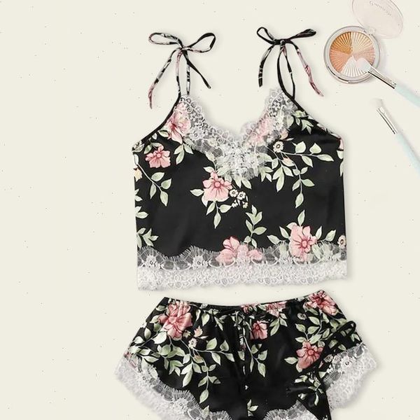 

pijamas lingerie pajamas womens sleepwears 3pc satin lace silk camisole shorts thong set printing, Black;red