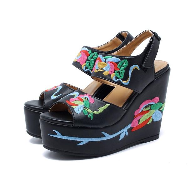 

dress shoes womens platform peep toe embroidery floral wedge high heel sandals slingbacks retro chinese styles, Black