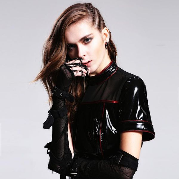 

five fingers gloves devil fashion punk gothic black cobweb mesh women long steampunk arm warmers with buckles autumn winter, Blue;gray