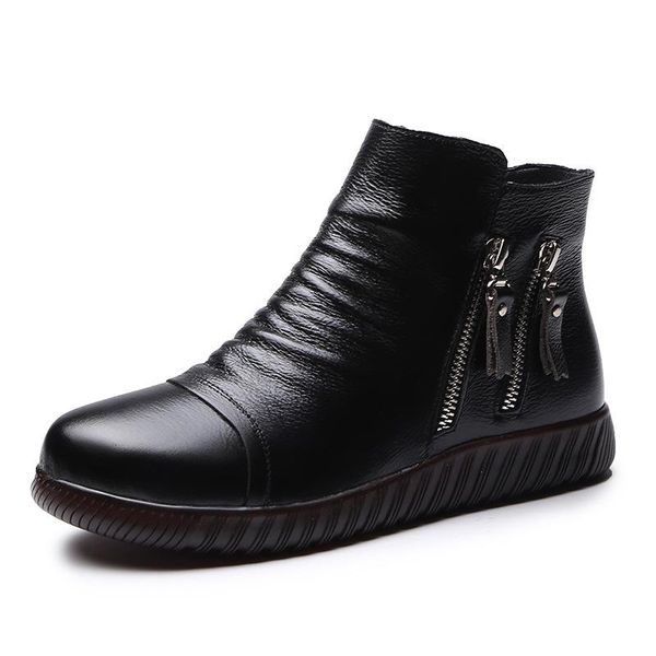 

boots genuine leather women plush snow mom shoes designer zipper wedges woman ankle, Black