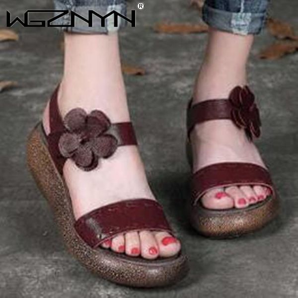 

sandals women's genuine pu leather platform sandal 2021 summer gladiator high heels ladies flowers retro shoes for women, Black
