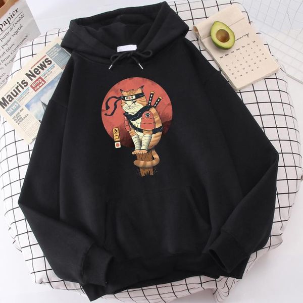 

men's hoodies & sweatshirts japanese style shinobi cat print clothes harajuku anime streetwear creativity fleece hoody warm loose autum, Black