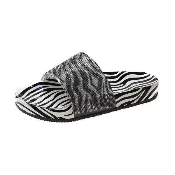 

slippers women's casual simple leopard print zebra pattern upper fashion open toe trend rhinestone decorative, Black