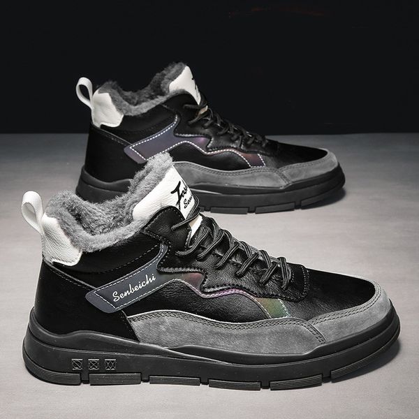

new designer winter men leather casual shoes fashion warm sneakers plush inside leisure flat shoes boots, Black