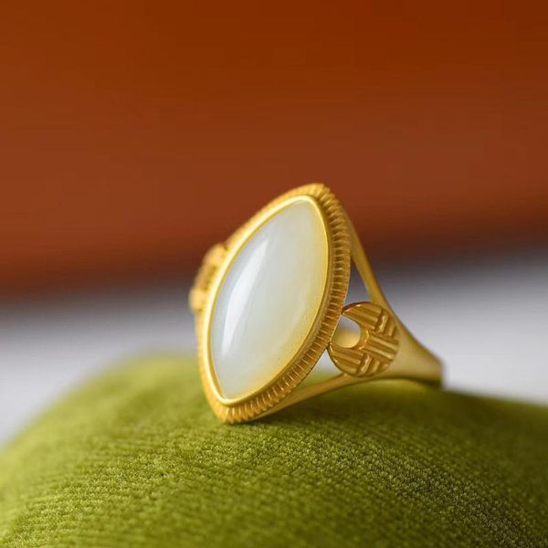 

natural hetian white jade horse eye ring female 6a silver antique gold inlay exquisite elegant recommended jewelry cluster rings, Golden;silver