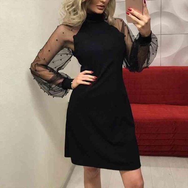 

halter appliques gauze womens dresses long sleeve mini casual slim fitness patchwork a line evening party vestidos, Black;gray