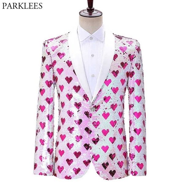 

stylish heart print sequin tuxedo blazer men one button shawl lapel mens party suit jacket wedding groom stage singer costume 210522, White;black