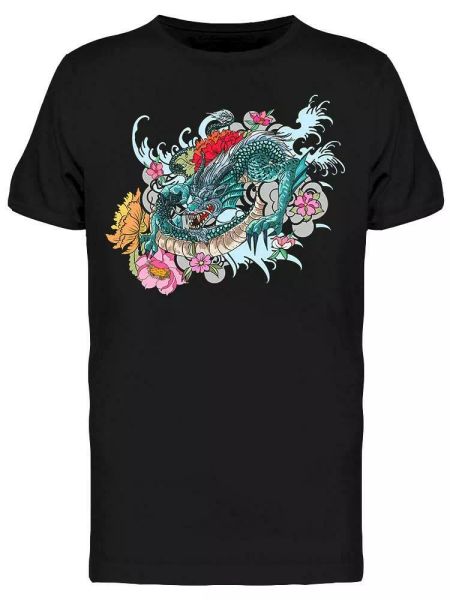 

a blue dragon with flowers tee men's -image by shutterstock, White;black
