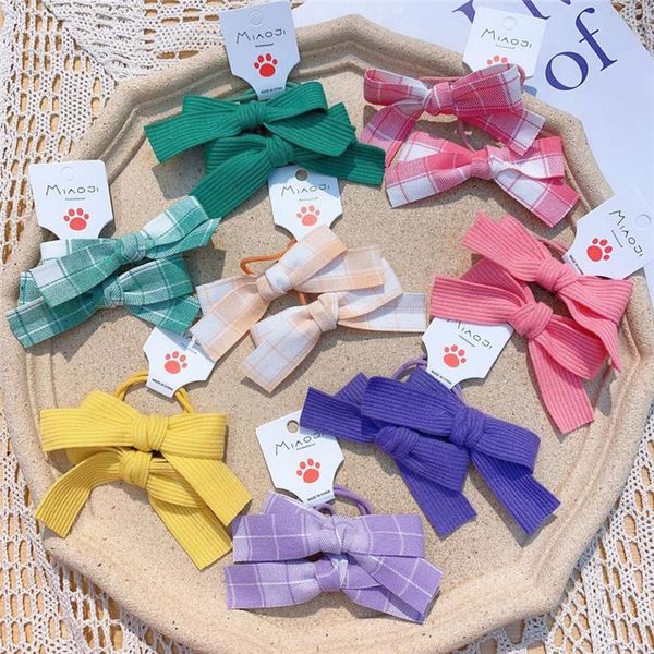 

pair korea fashion children's headwear simple lattice bow rubber band hair rope sweet girl colorful fabric accessories, Slivery;white