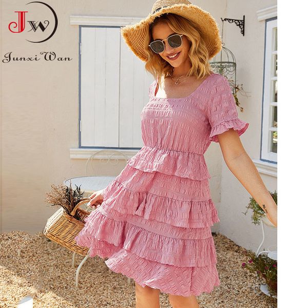 

women summer solid pink elegant sweet ball gown dress o-neck ruffle short sleeve casual holiday party mini beach robe 210510, Black;gray