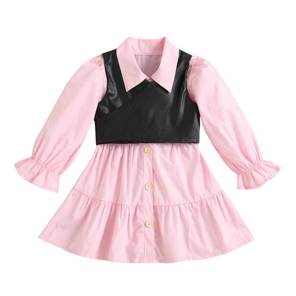 

1-6y autumn kids girls dress solid single breasted lapel ruffle a-line shirts dress+spaghetti strap pu leather vest 2pcs outfit g1026, Red;yellow