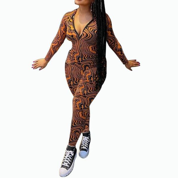 

women's two piece pants high street europe and the united states leopard print tight-fitting slim long-sleeved autumn jumpsuit -selling, White