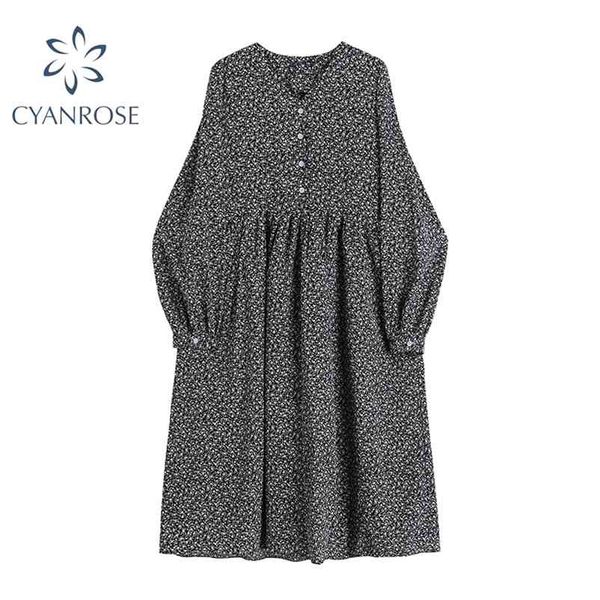 

long sleeve floral print vintage dress women rok mori girl stylish elegant holiday boho dresses streetwear vestidos mujer 210430, Black;gray