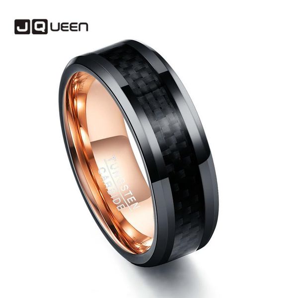 

wedding rings jqueen 8mm tungsten carbide ring men rose gold liner inlaid black carbon fiber for gift quality, Slivery;golden
