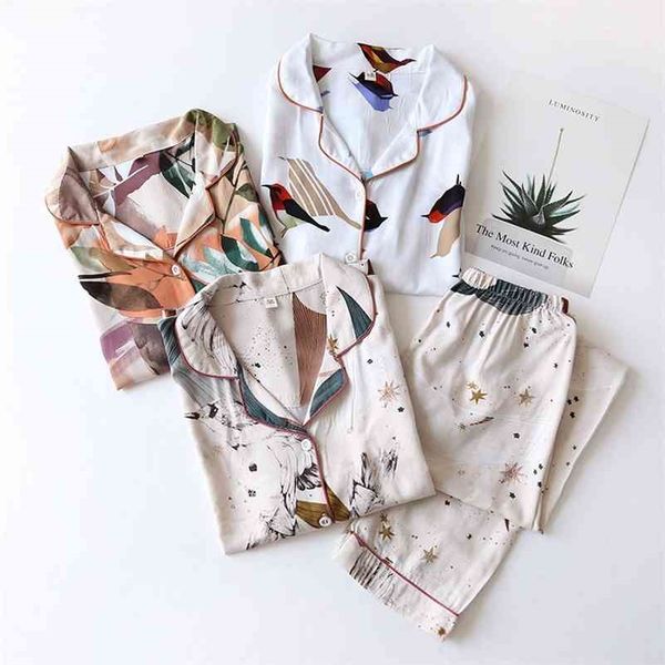 

soft cotton pajamas women printed home clothes suit new summer thin long sleeve sleepwear female pijama autumn 210325, Black;red
