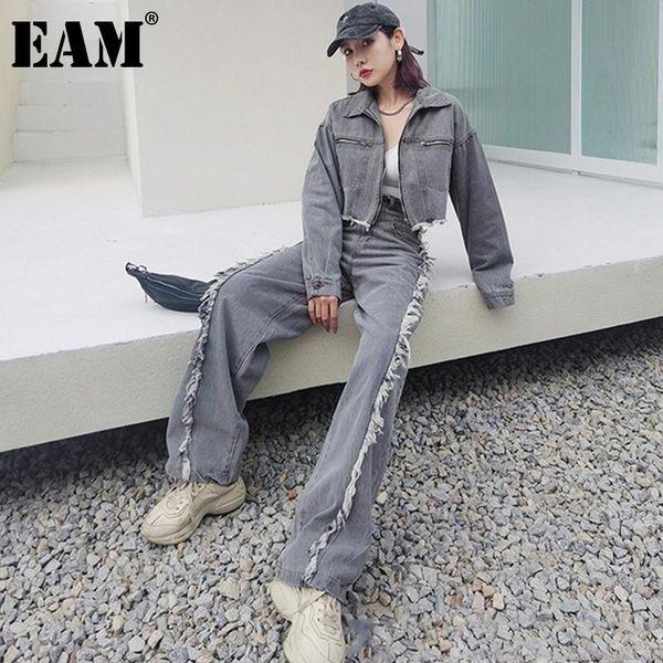 

[eam] wide leg pants denim two piece suit lapel long sleeve black loose fit women fashion tide spring autumn 2021 1dd6369 women's, White