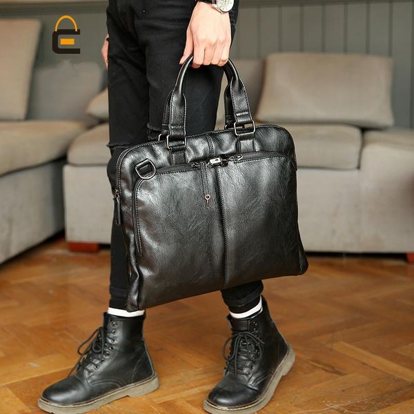 

lock designer fashion korean style men leather bags briefcase soft shoulder messenger male casual business briefcases