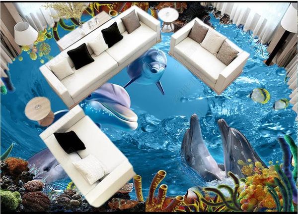 

wallpapers custom self-adhesive waterproof flooring wallpaper wall stickers beautiful 3d dolphin paradise ocean world floor painting