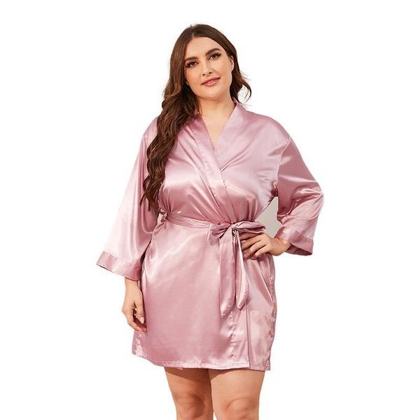 

plus size women gown loose kimono bathrobe satin bridal wedding robe silky sleepwear nightgown casual intimate lingerie women's, Black;red