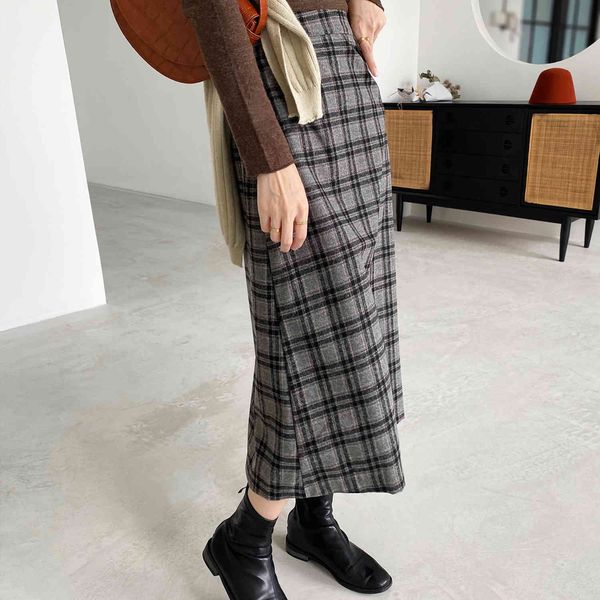 

high waist blue plaid maxi women's winter korean style woolen skirt mkw7, Black