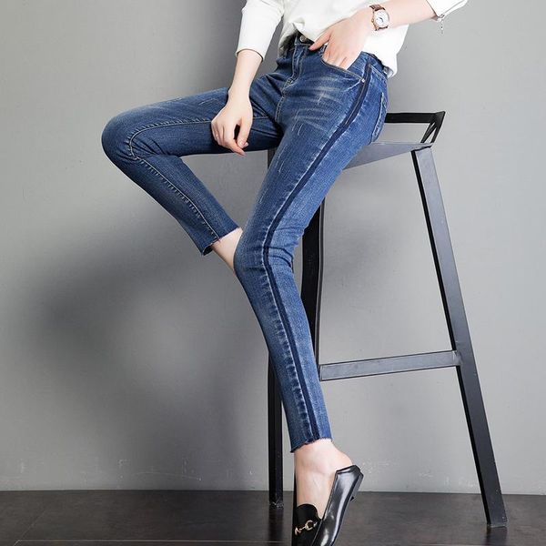 

women's jeans women side striped stretchy mid waist full length show thin casual skinny pantalon jean femme, Blue