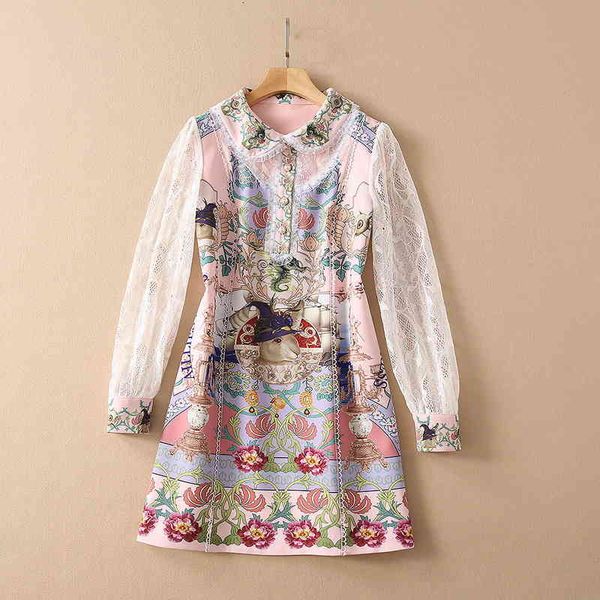 

casual dresses european and american women's clothing spring lace long-sleeved baby collar fashion spliced print dress 4ksx, Black;gray