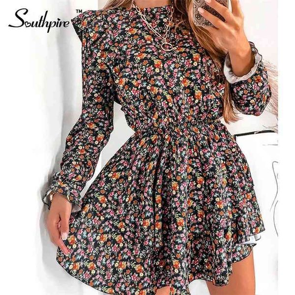 

southpire o-neck a-line black flower print vintage dress long sleeve ruffle mini party dress casual daily clothes female 210719, White;black