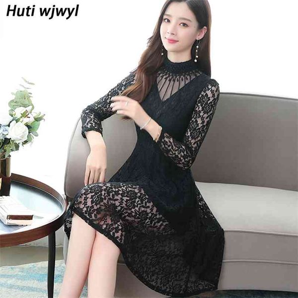 

vintage black lace mini dress spring autumn solid casual long sleeve 3xl plus size women bodycon party vestidos 210528, Black;gray