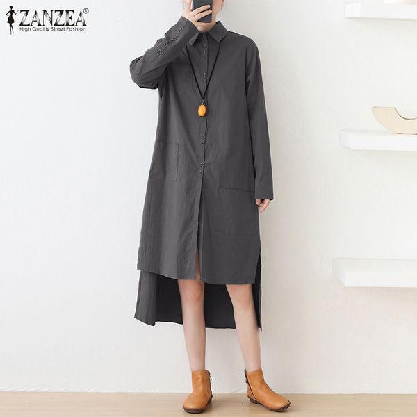 

dresses plus size fashion asymmetrical shirt dress women's sundress casual long sleeve midi vestidos female lapel button robe 5xl, Black;gray