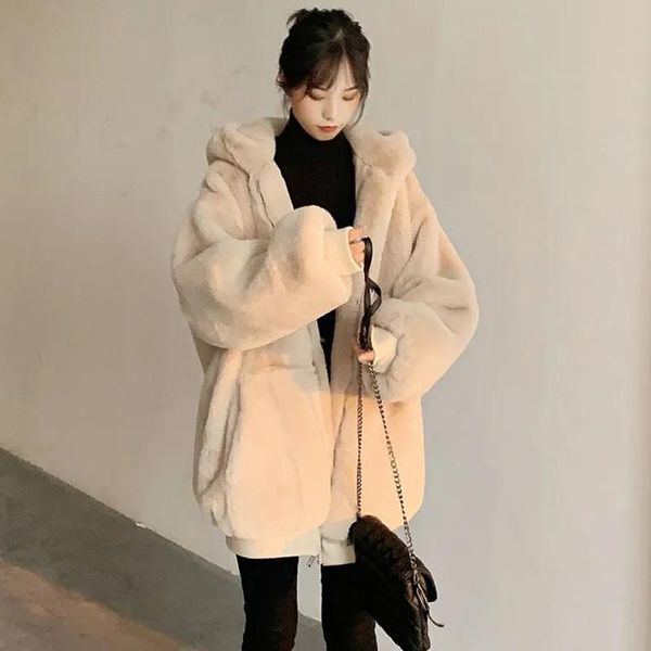 

women's fur & faux korean style winter hooded fake jackets solid color loose warm thick jacket coats casual zipper big pocket oversize, Black