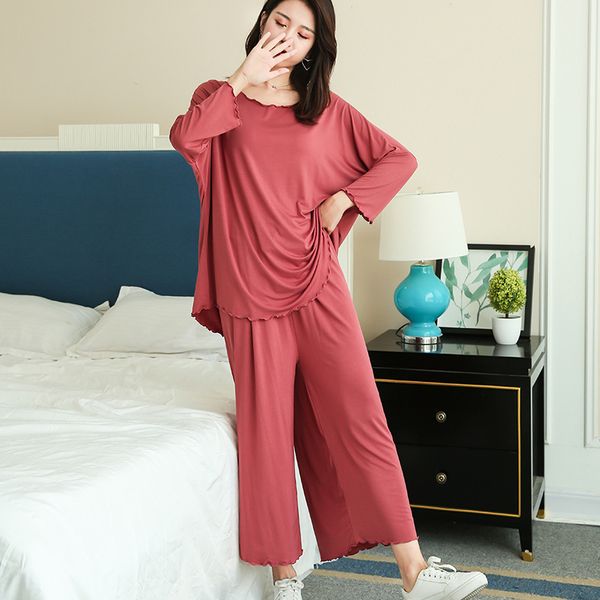 

2021plus size home suits women autumn new loose long-sleeved pajamas two-piece set nine-point wide leg pants pijama sleepwear femme, Black;red