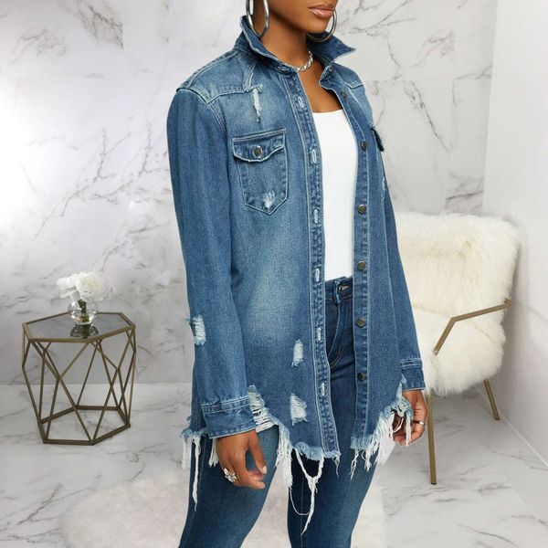 

2021 large hole loose women's denim coat, White