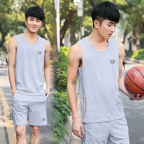 

sports suit tracksuits men's summer sleeveless vest t-shirt shorts thin basketball casual wear cotton breathable 1807, Gray