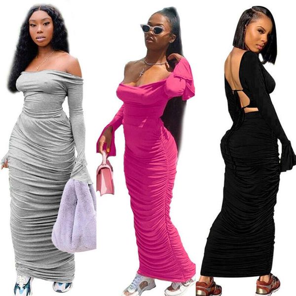 

women solid slash neck sundress fashion off shoulder long sleeve ruffled dress bodycon evening female dresses casual, Black;gray
