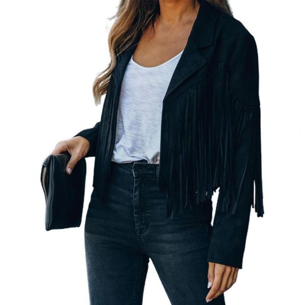 

women's jackets women jacket 2021 lady coat turn-down autumn collar solid color tassel cardigan for parties, Black;brown