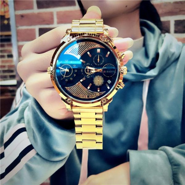 

wristwatches brand dual time display business watches for men gold steel strip sport quartz military chronograph wristwatch relogio masculin, Slivery;brown
