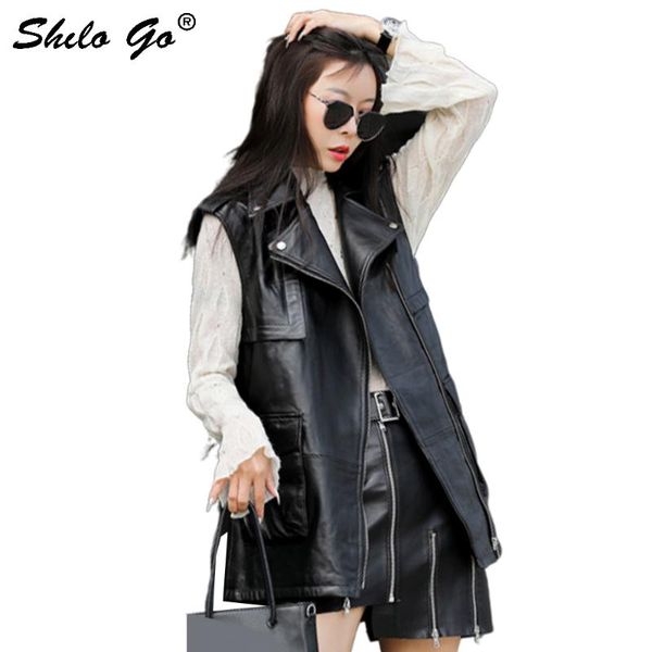 

women's vests genuine leather vest highstreet moto notched neck plus size sleeveless sheepskin women autumn casual outwear female black, Black;white