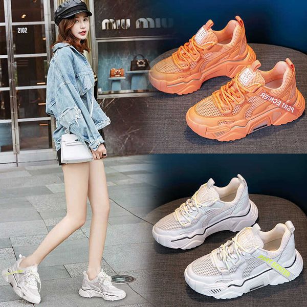 

2021 spring and summer breathable leather daddy shoes women's versatile thick sole mesh sports shallow mouth casual