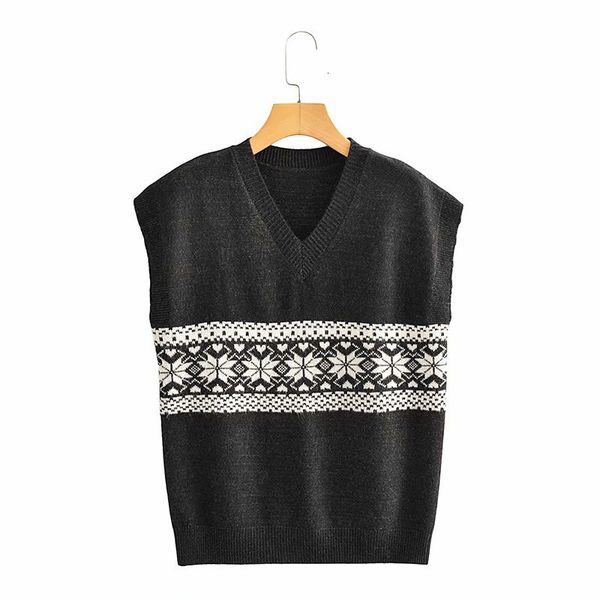 

women's knits & tees women fashion jacquard print balck sleeveless knitted pullover vest ladies casual v-neck sweater girls jumper, White