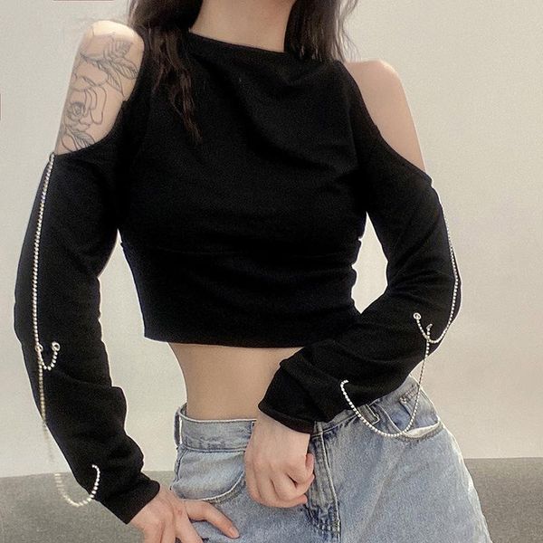 

women's hoodies & sweatshirts nclagen crystal chains shoulder hollow out pullover gothic cool lady stylish zip up crop women punk black