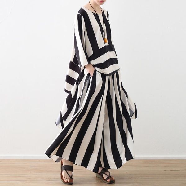 

women's two piece pants johnature women stripe o-neck irregular three quarter sleeve suit 2021 summer viscose casual loose big size, White