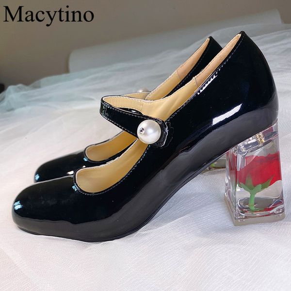 

dress shoes spring and autumn ladies high heels personality rose transparent black round head thick aiko