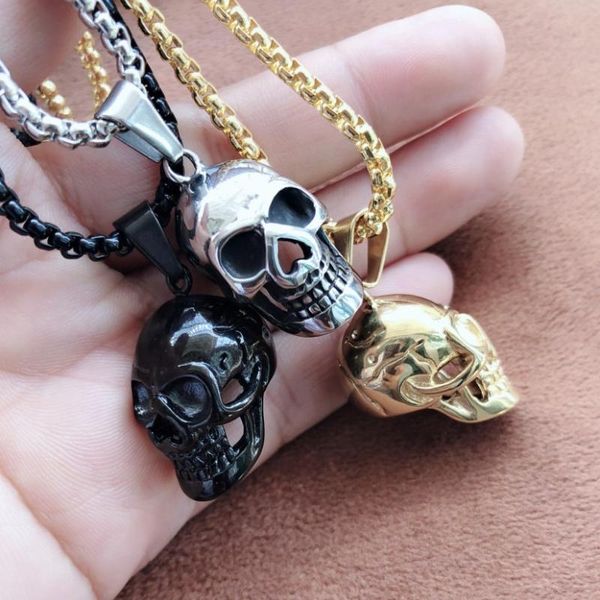 

pendant necklaces punk stainless steel skull chain necklace vintage gold color black hip hop statement for men male boho jewelry, Silver