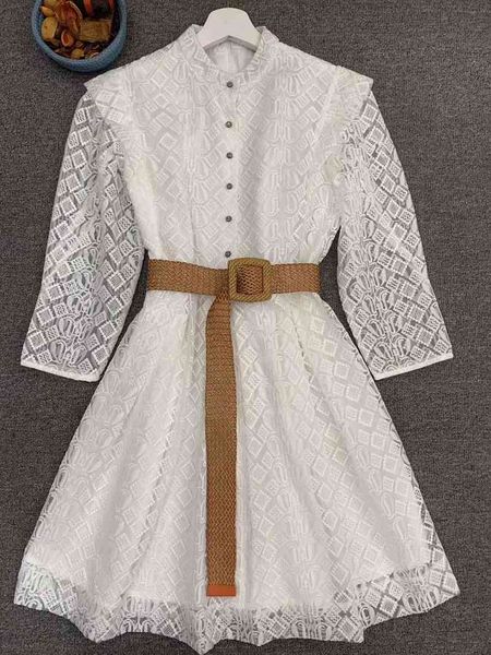 

capris designer 2021 summer party ladies geometric patterns button belt deco slim a-line long shirt noble, Black;gray