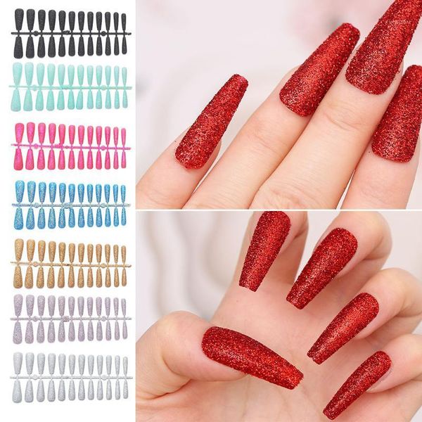 

24pcs fashion detachable glitter powder false nails ballerina wearable fake long coffin full cover nail tips manicure tool1, Red;gold