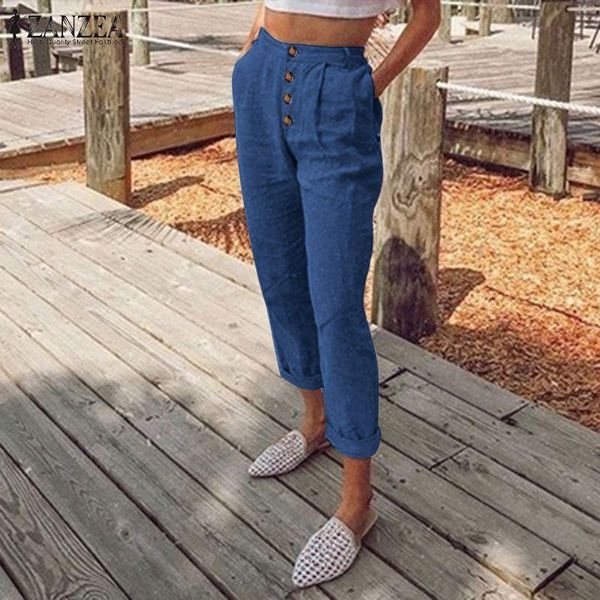 

women's pants & capris autumn holiday party pantalon palazzo 2021 stylish vintage solid zanzea elegant button trouser office ol female, Black;white