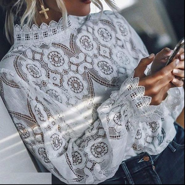 

arrival hollow out long sleeve women blouses elegant summer white floral lace
